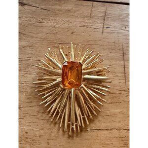 Premier Designs Vintage Starburst Gold-Tone Brooch With Amber-Colored Gemstone &